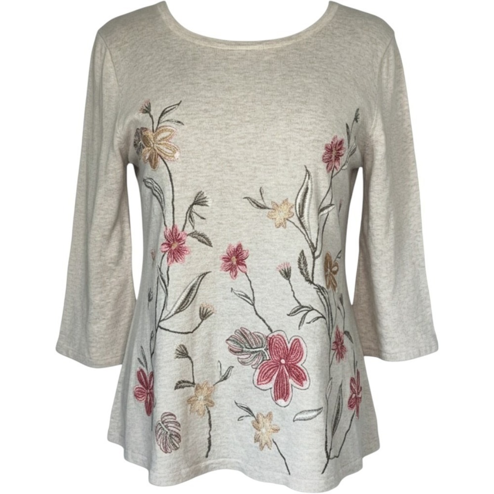 Style & Co Women's Medium Oatmeal Floral Embroidered 3/4 Sleeve Swing Top